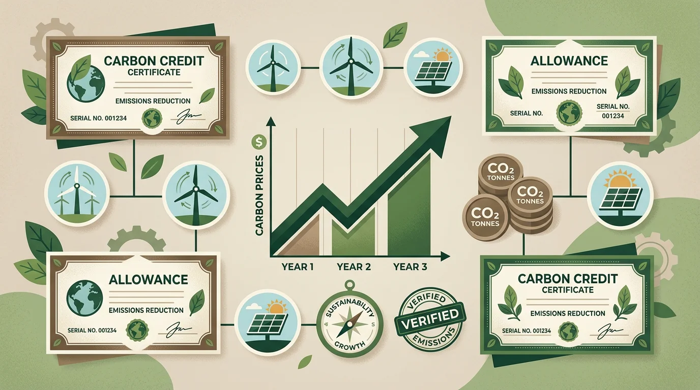 Flat lay of carbon allowance and renewable energy certificate concepts with a rising price line