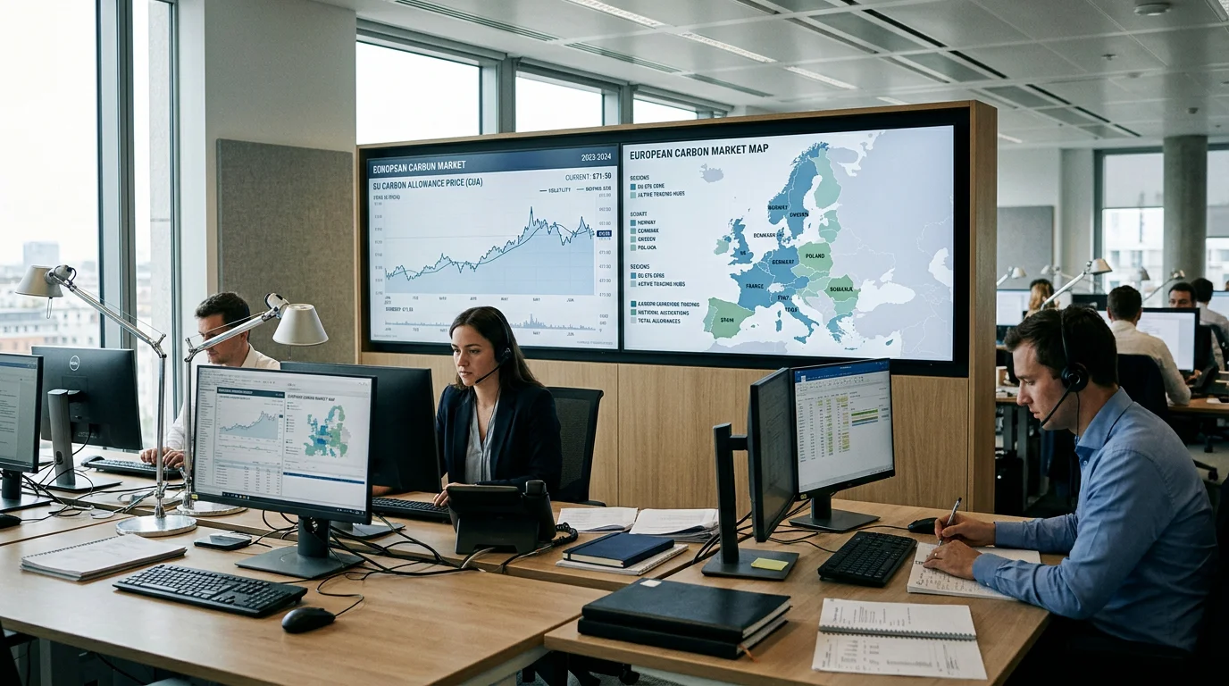 Trading desk displaying carbon market price charts and European map