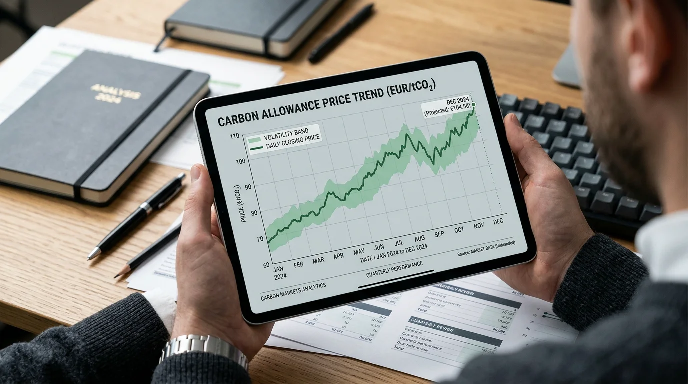 Carbon allowance price chart with volatility band on a tablet
