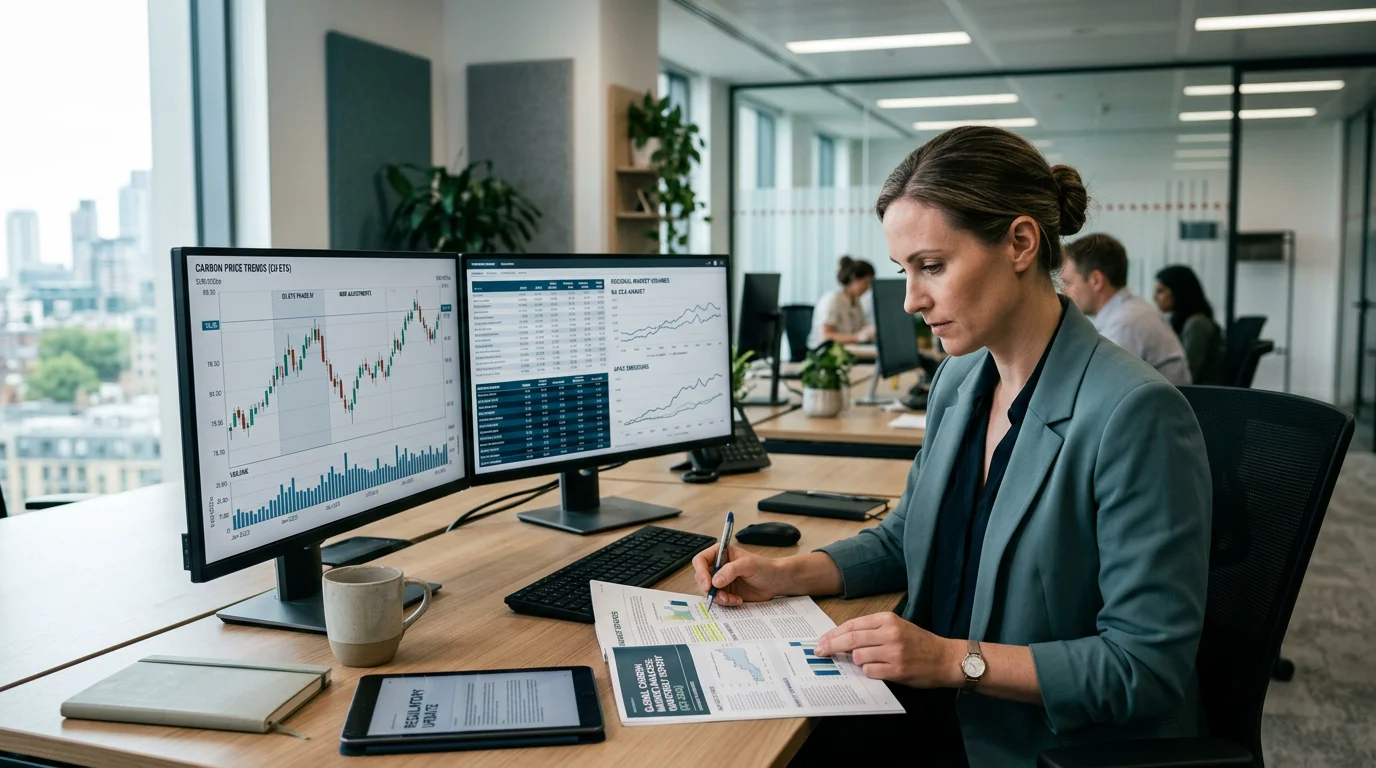 Analyst reviewing carbon market report data and price charts on screens