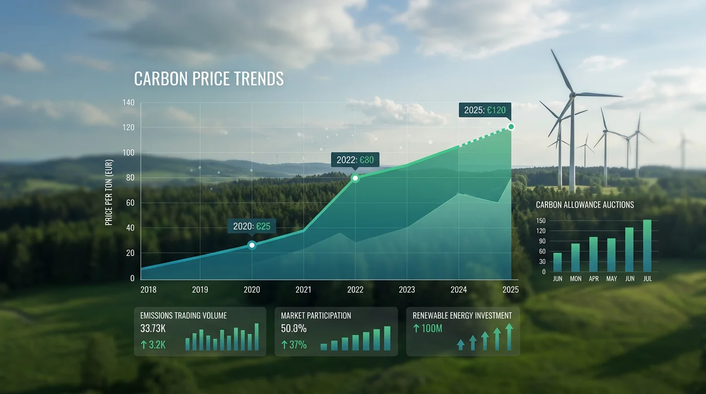 Carbon price data visualisation over wind turbines and forest landscape