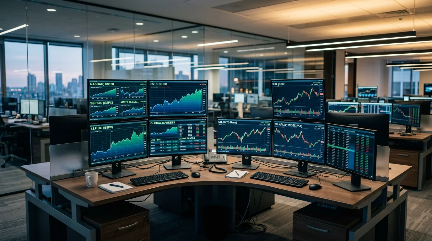 Trading desk screens showing carbon price charts and market data
