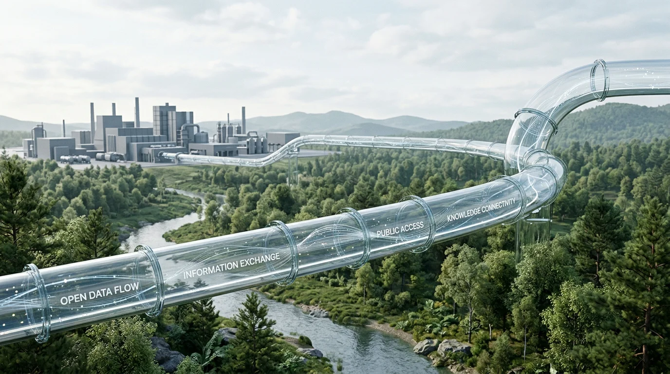 Transparent data pipeline over forest and industry symbolising carbon market openness