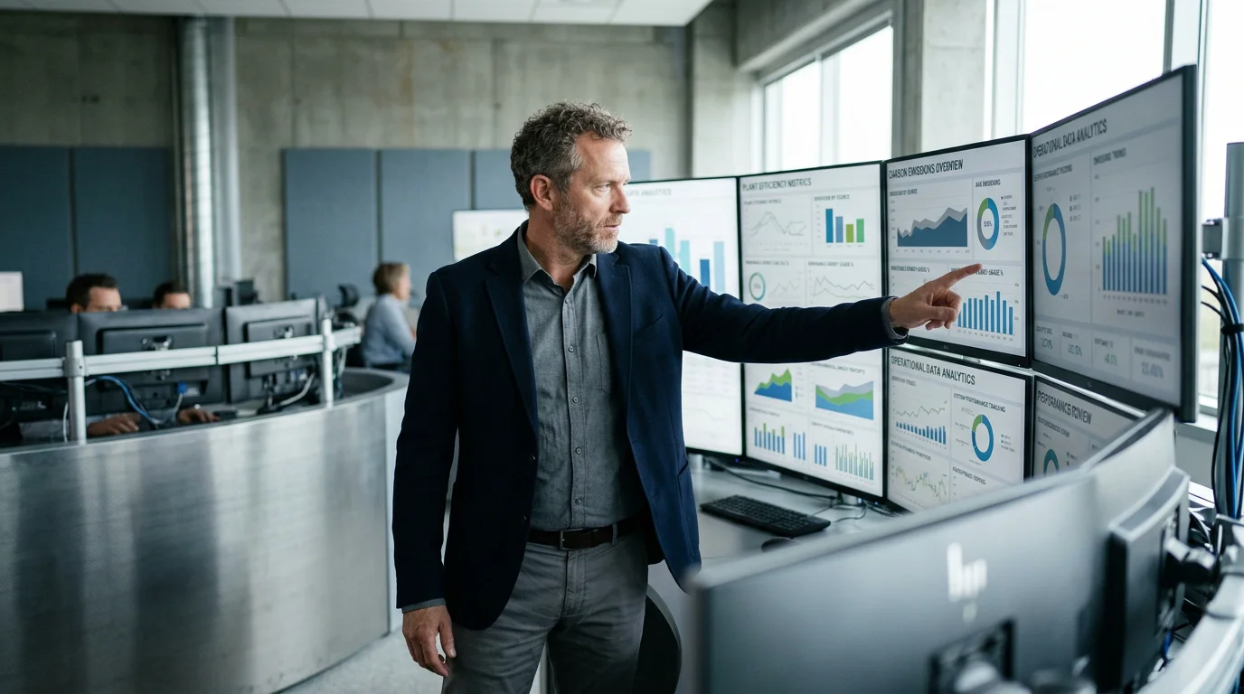 Industrial operator reviewing carbon abatement cost data on control-room screens