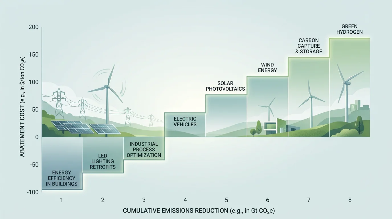 Stepped marginal abatement cost curve over a backdrop of renewable energy infrastructure