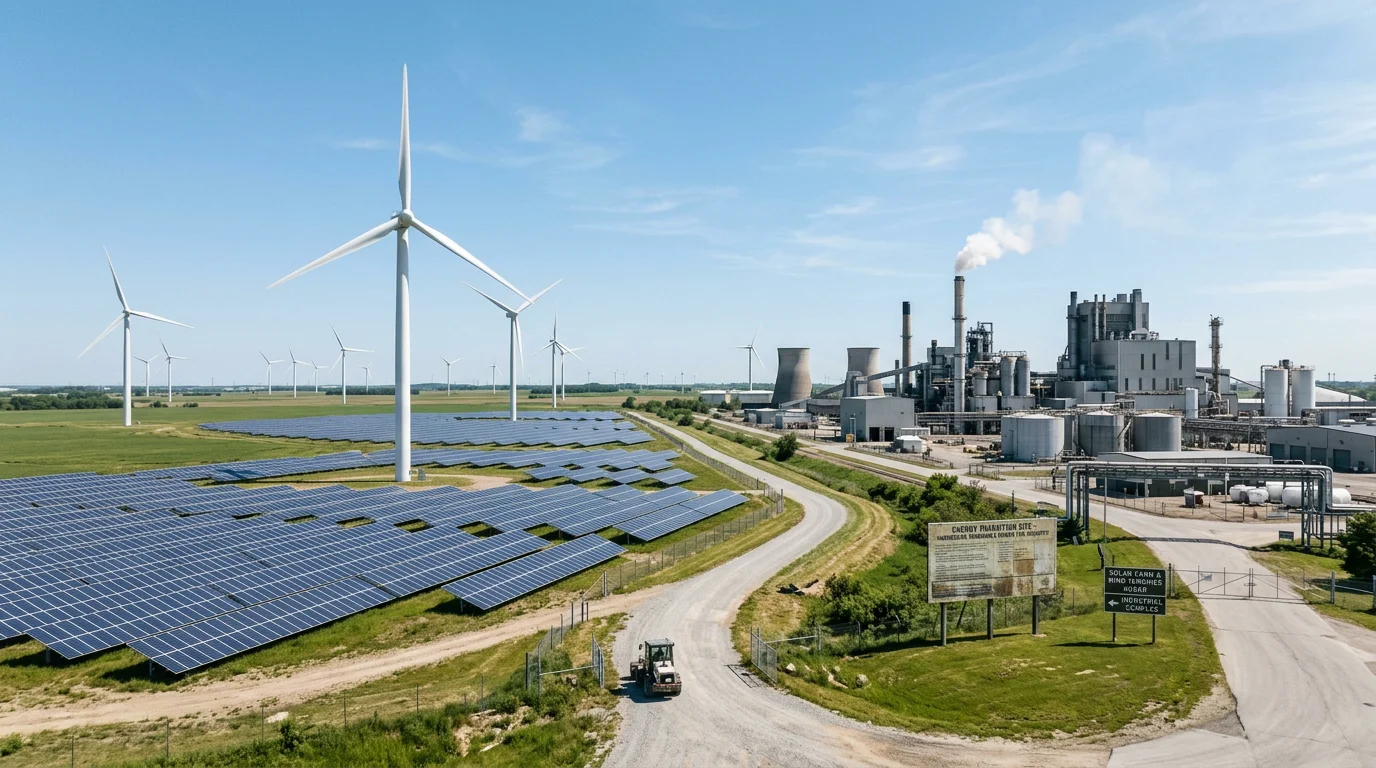 Wind turbines and solar panels next to an industrial site representing different abatement cost tiers
