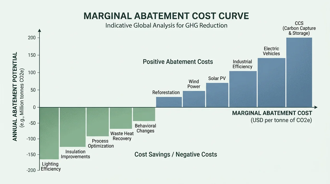 Stepped marginal abatement cost curve showing cost per tonne of carbon dioxide for different measures