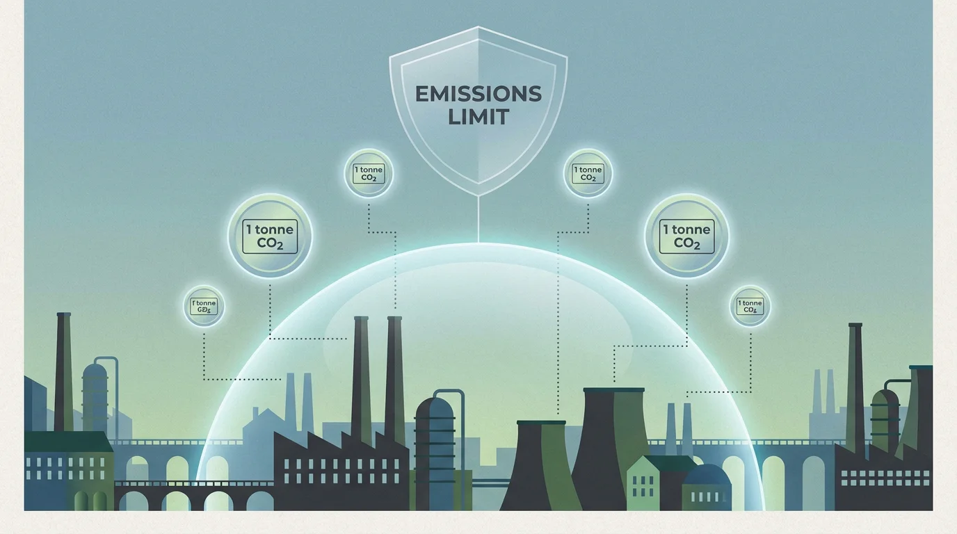Illustration of EU carbon market cap-and-trade concept with emission allowance permits floating above industrial installations