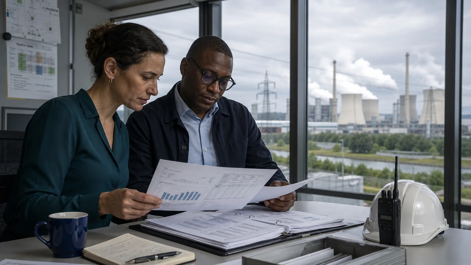 Professionals reviewing industrial emissions data in a control room