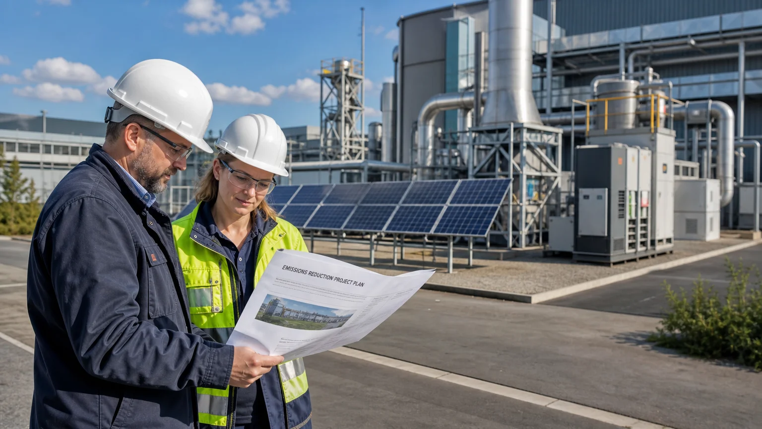 Professionals reviewing industrial emissions reduction options