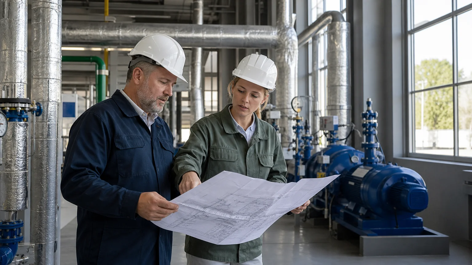 Industrial specialists reviewing emissions reduction options at a manufacturing facility
