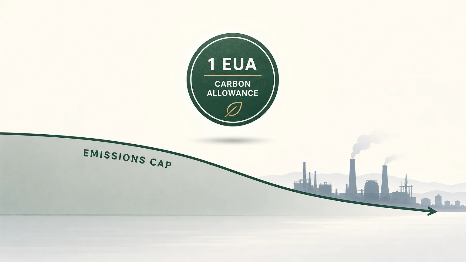 Editorial illustration of a carbon allowance and declining emissions cap toward 2030