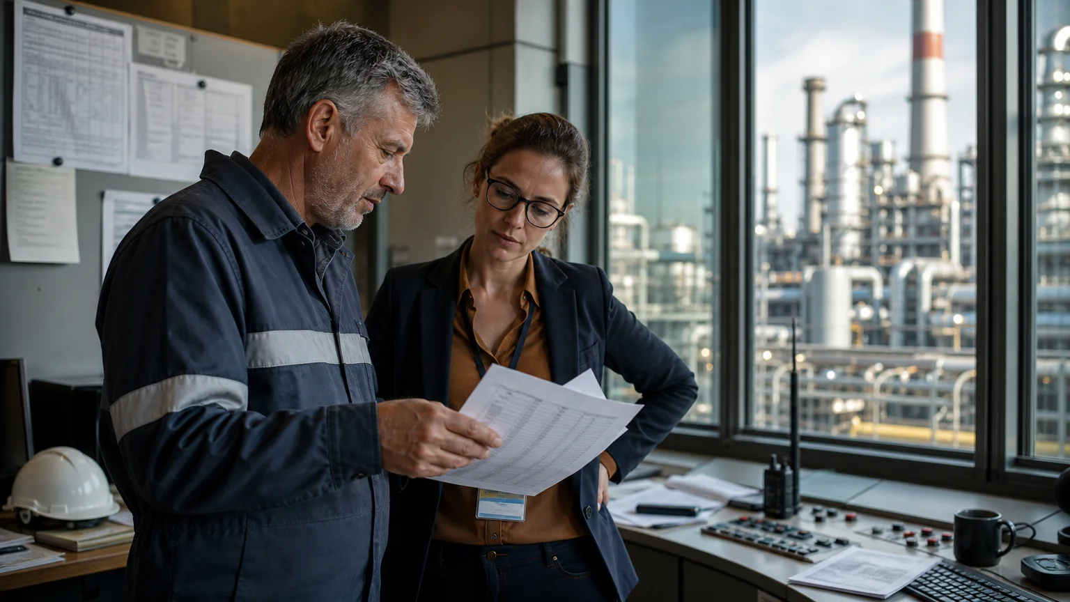 Industrial procurement professionals reviewing carbon allowance planning near a manufacturing facility