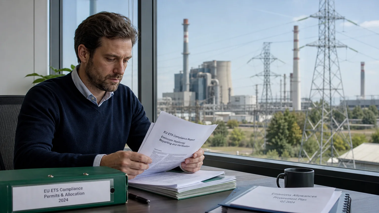 Industrial procurement analyst reviewing EU emissions compliance information