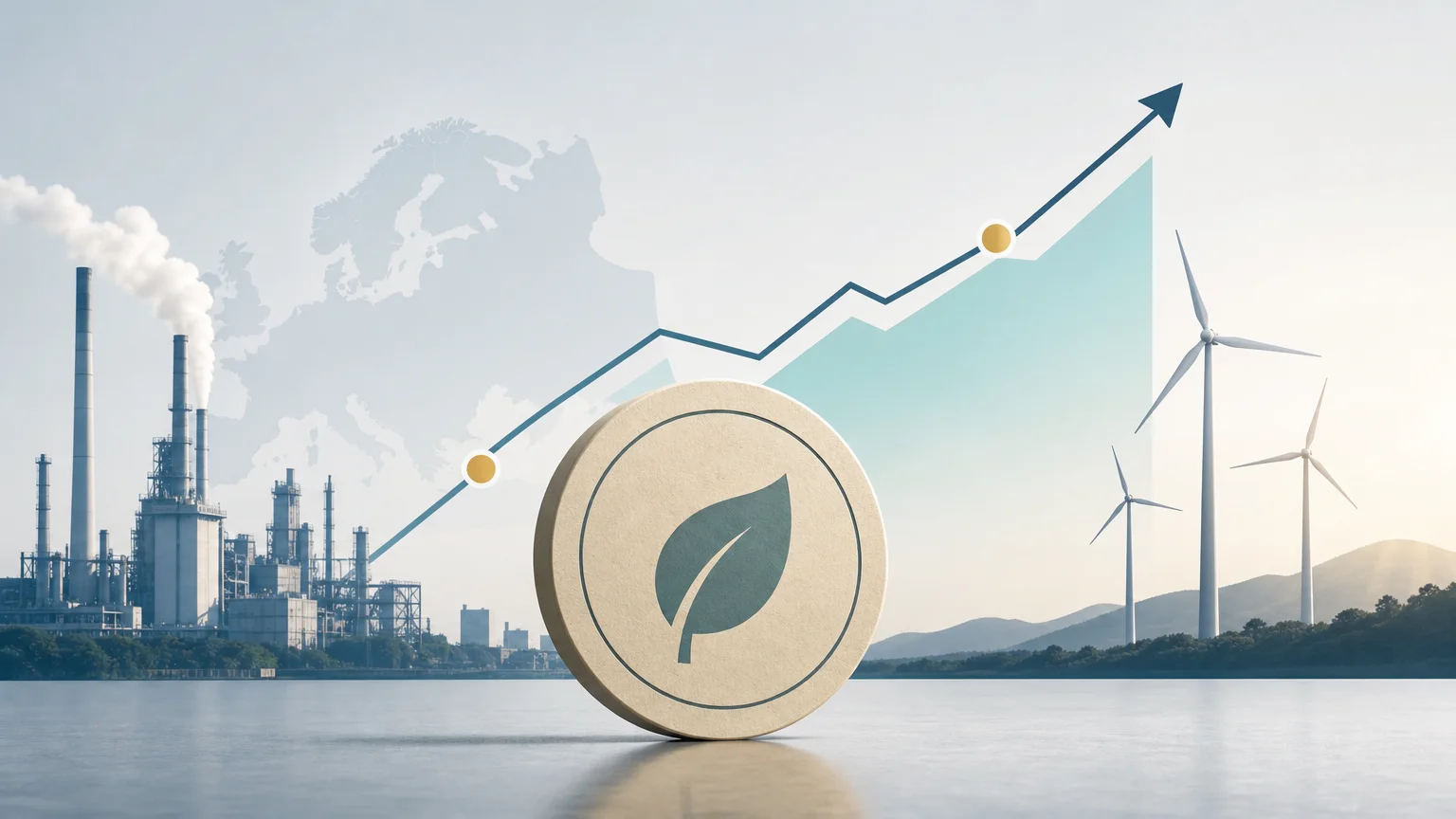 Editorial illustration of the EU carbon allowance market moving toward 2030