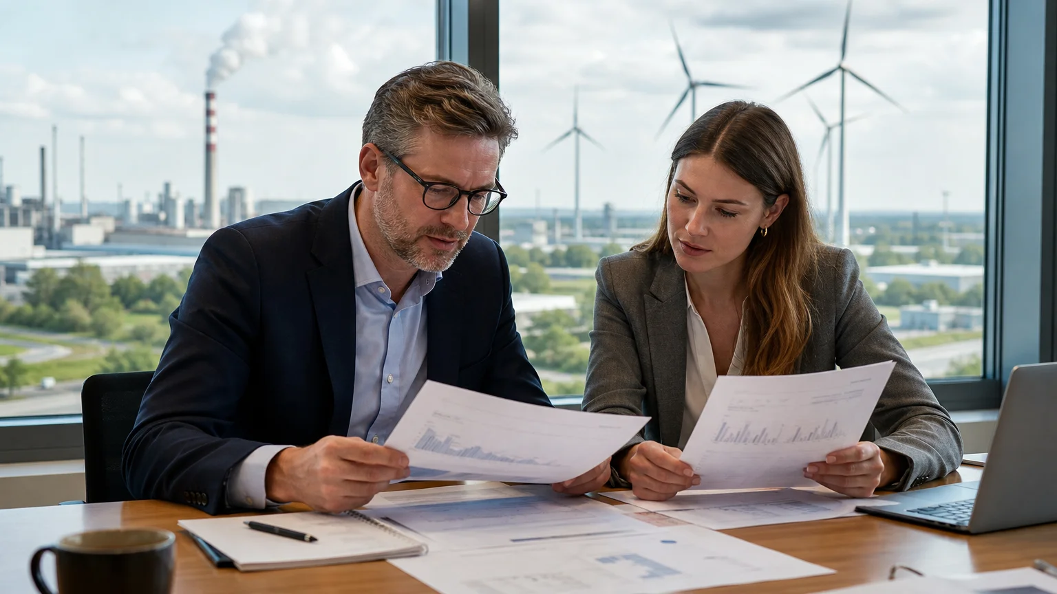 Professionals reviewing EU carbon market scenarios beside an industrial and renewable energy landscape