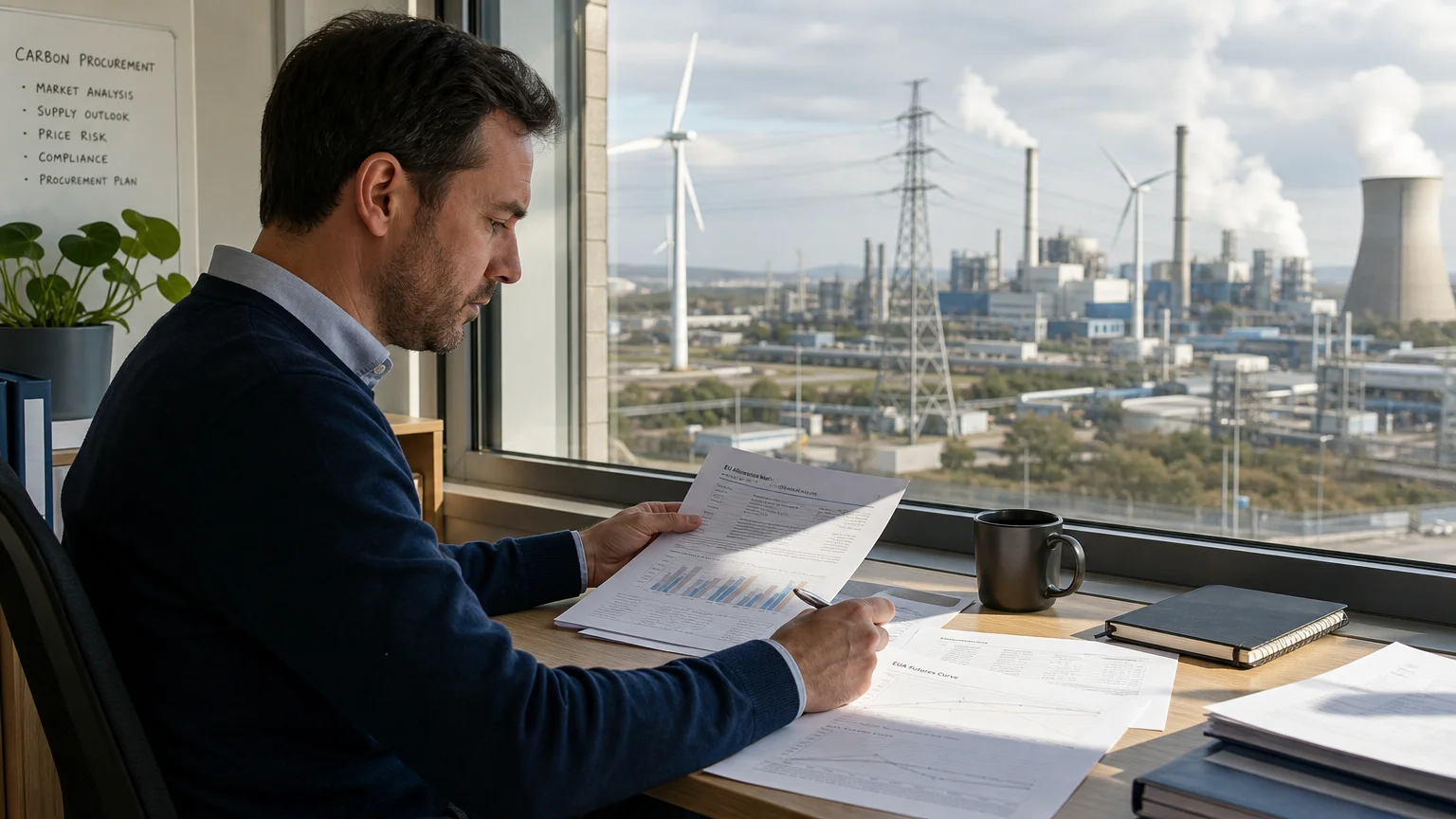 Analyst reviewing EU carbon market procurement documents near an industrial site