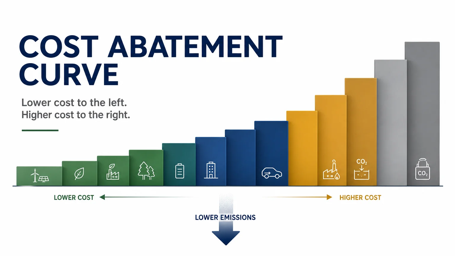 Simplified cost abatement curve showing rising reduction costs