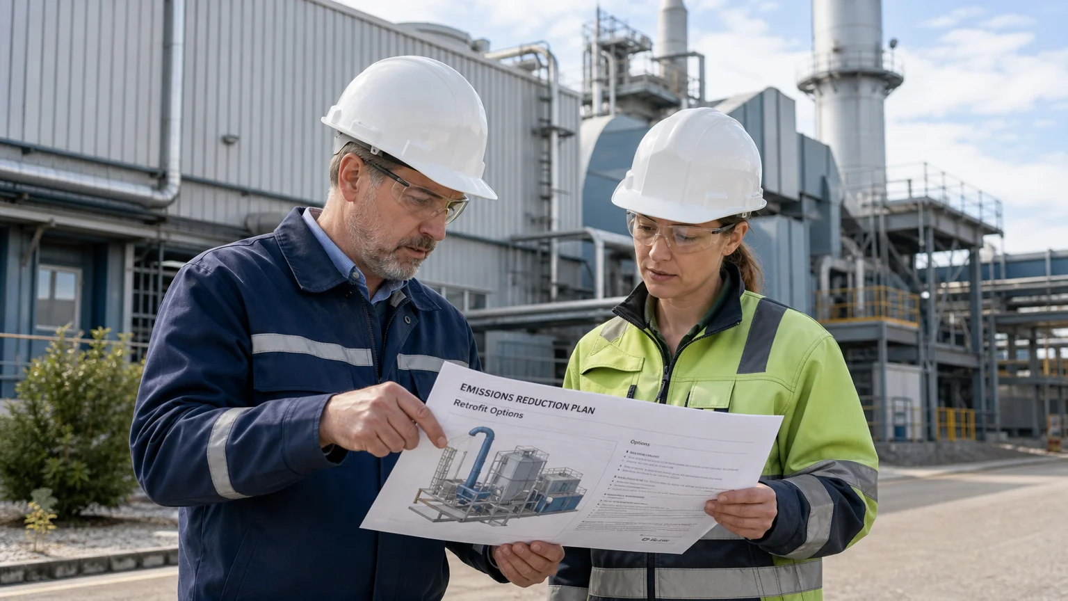 Industrial professionals reviewing emissions reduction options at a manufacturing facility