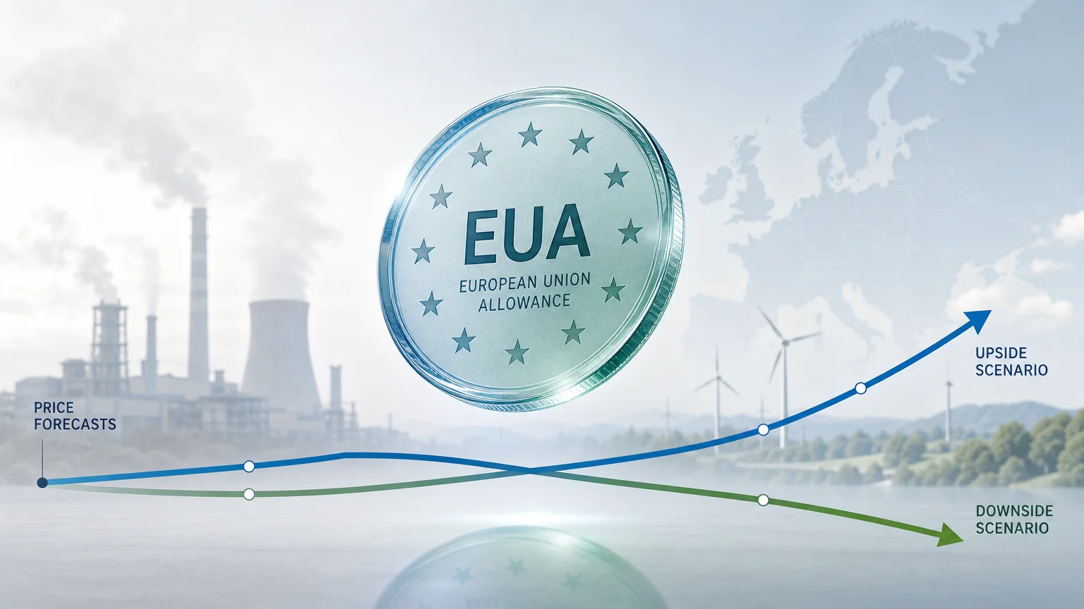 Editorial illustration of EU ETS price forecasting and carbon market drivers