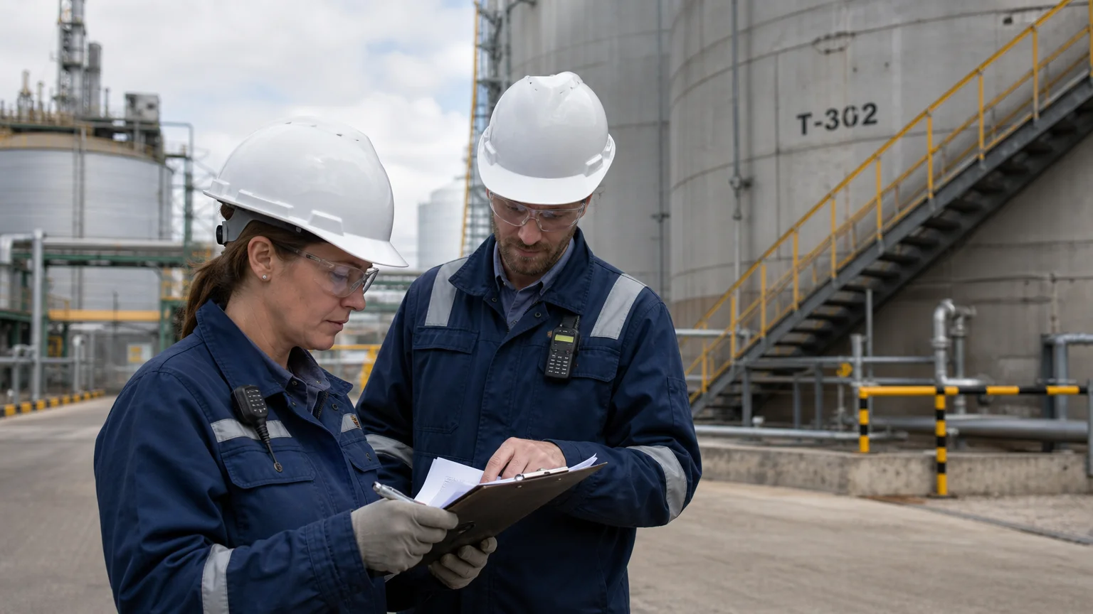 Market professionals reviewing commodity inventory near a storage facility