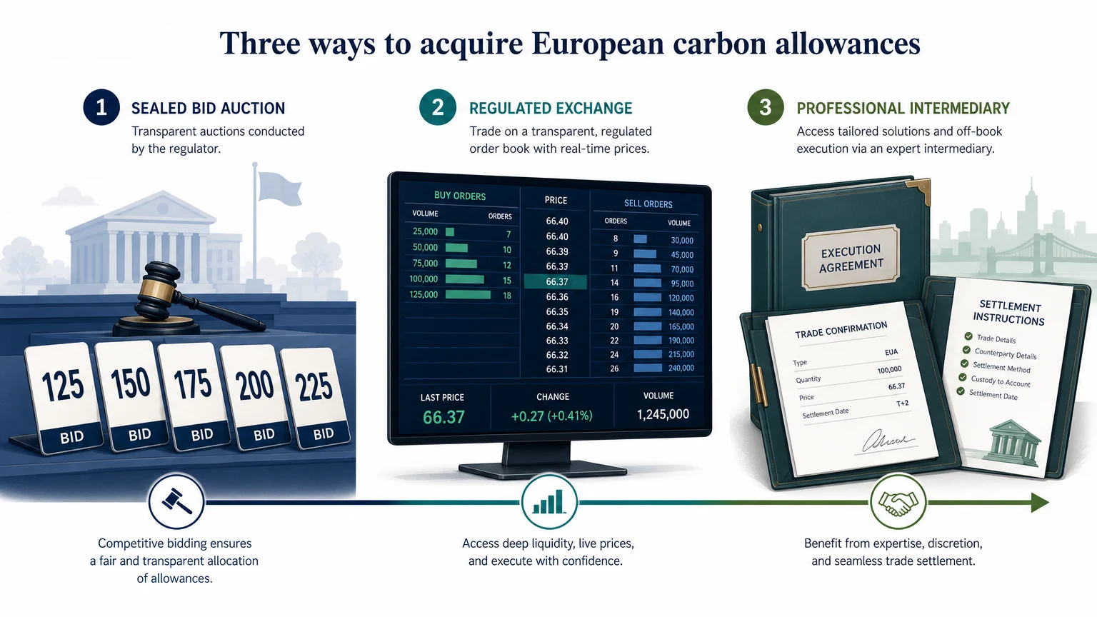 Three professional routes for buying EUAs through auctions, exchanges, and intermediaries