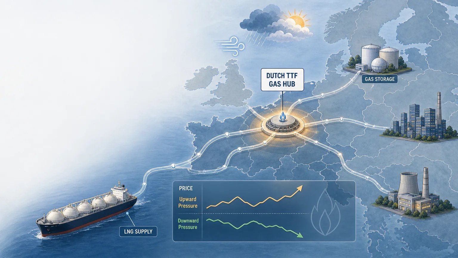 Editorial illustration of the Dutch TTF natural gas market