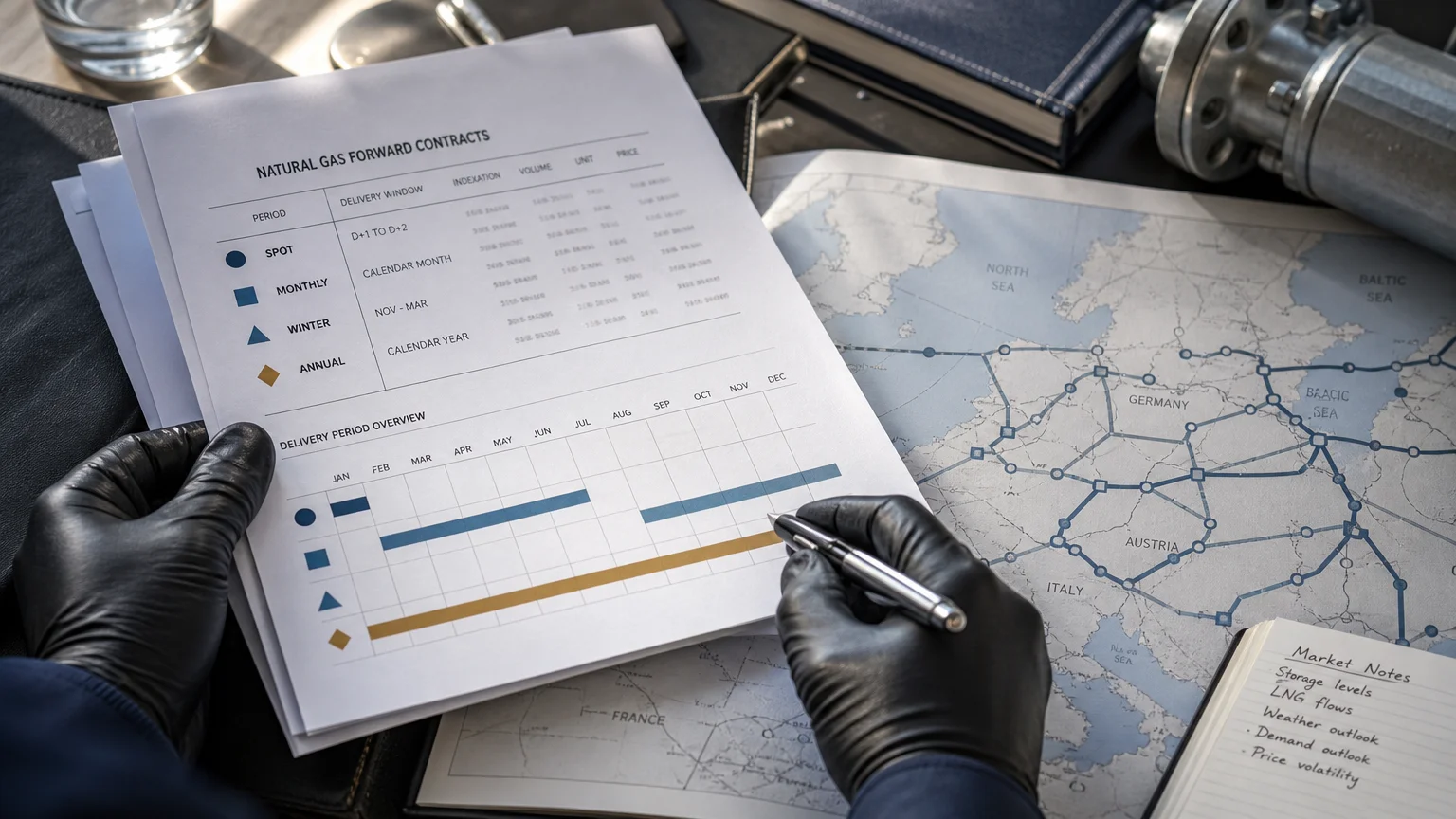 Printed gas contracts representing different TTF delivery periods