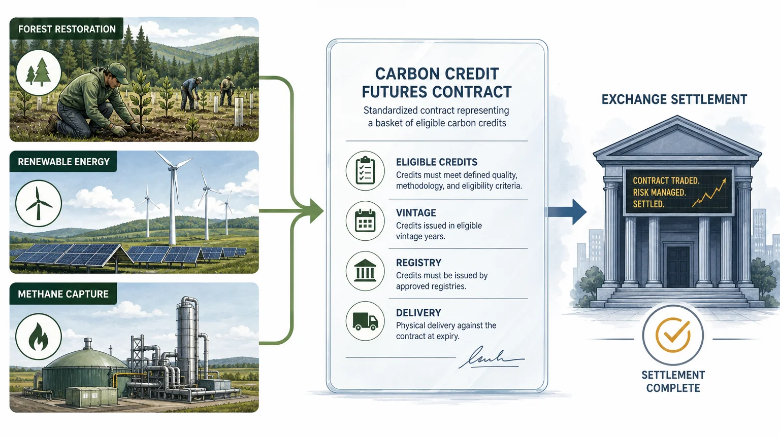 Editorial illustration showing carbon projects becoming a standardized futures contract