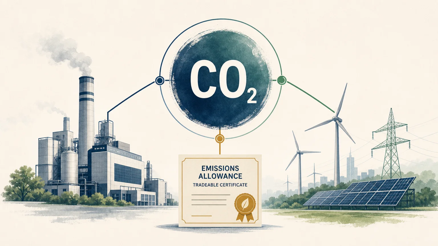 Editorial illustration representing carbon pricing and industrial decarbonization