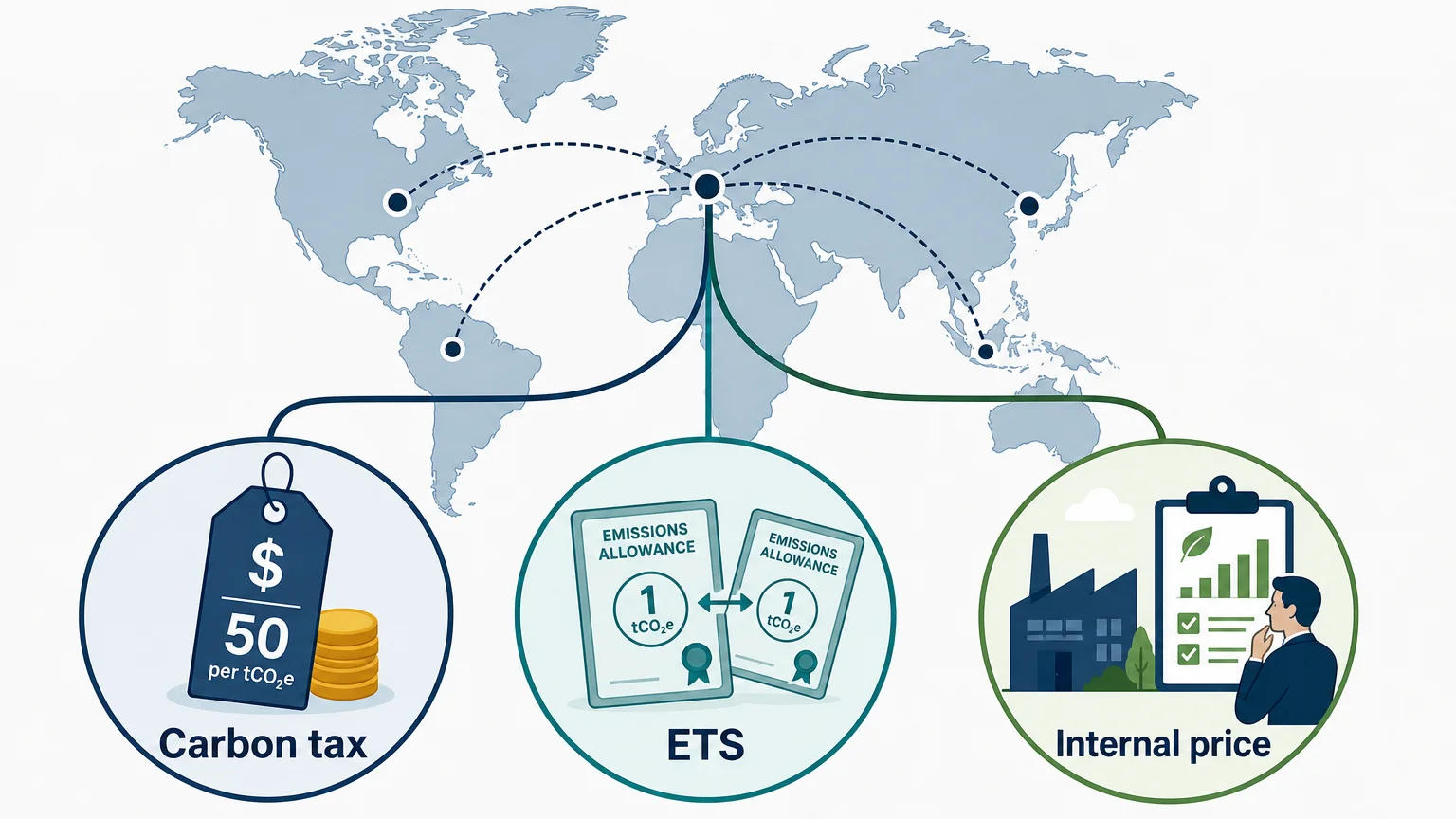 Editorial illustration of global carbon pricing mechanisms