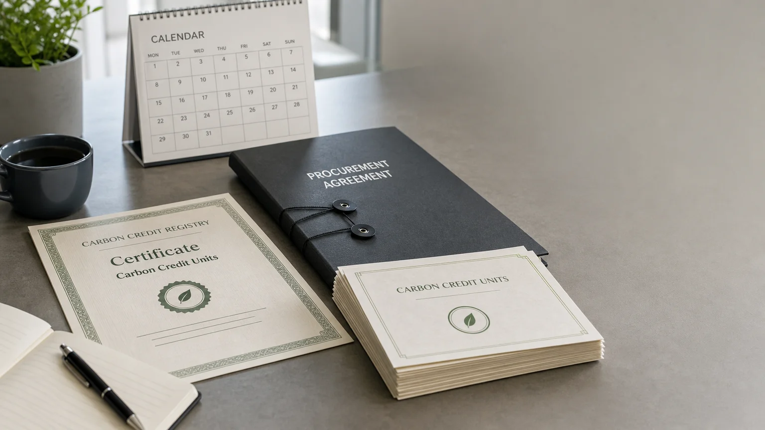 Editorial still life representing immediate and future carbon procurement