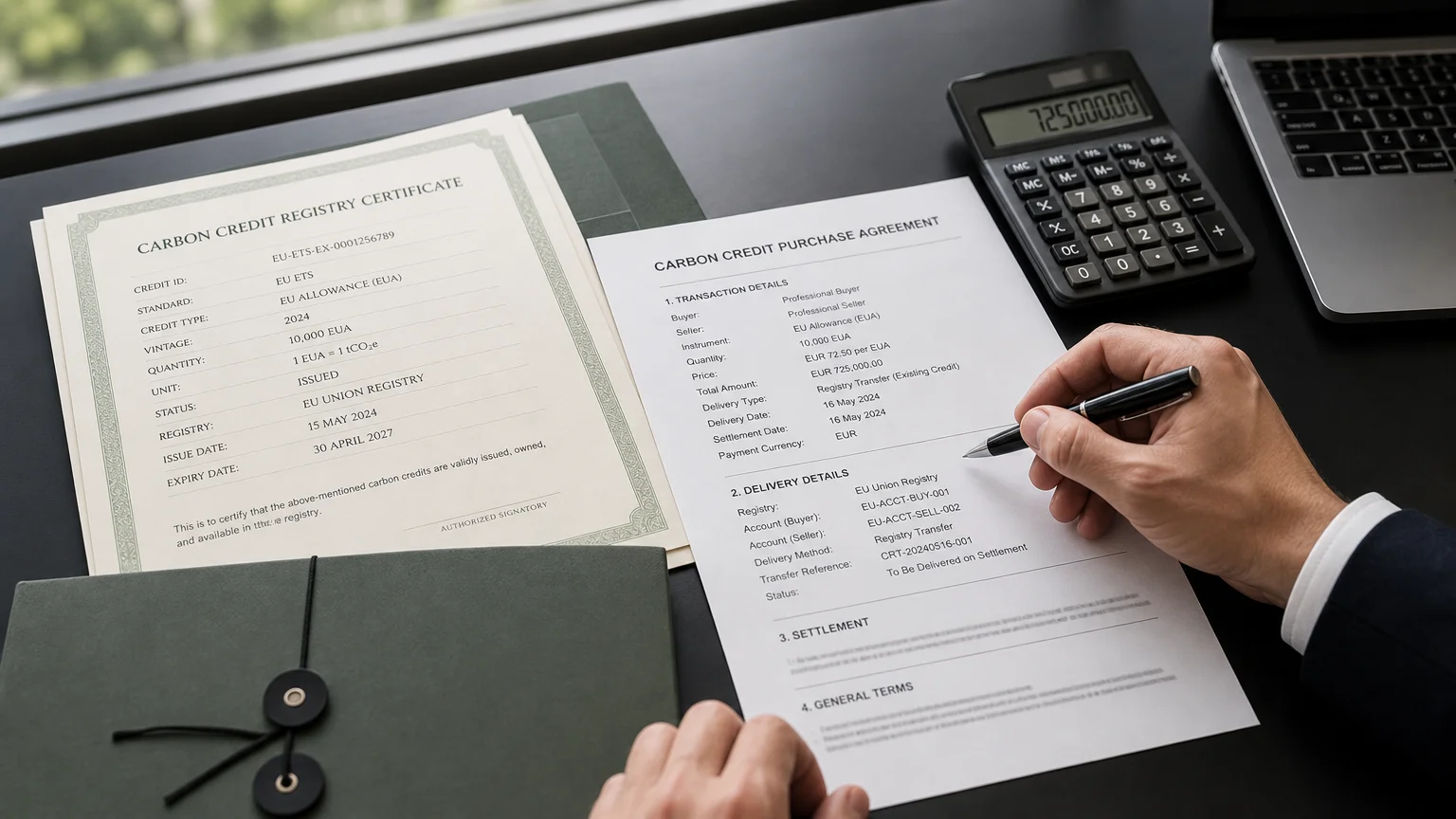 Editorial photograph of documents prepared for an immediate carbon credit transaction