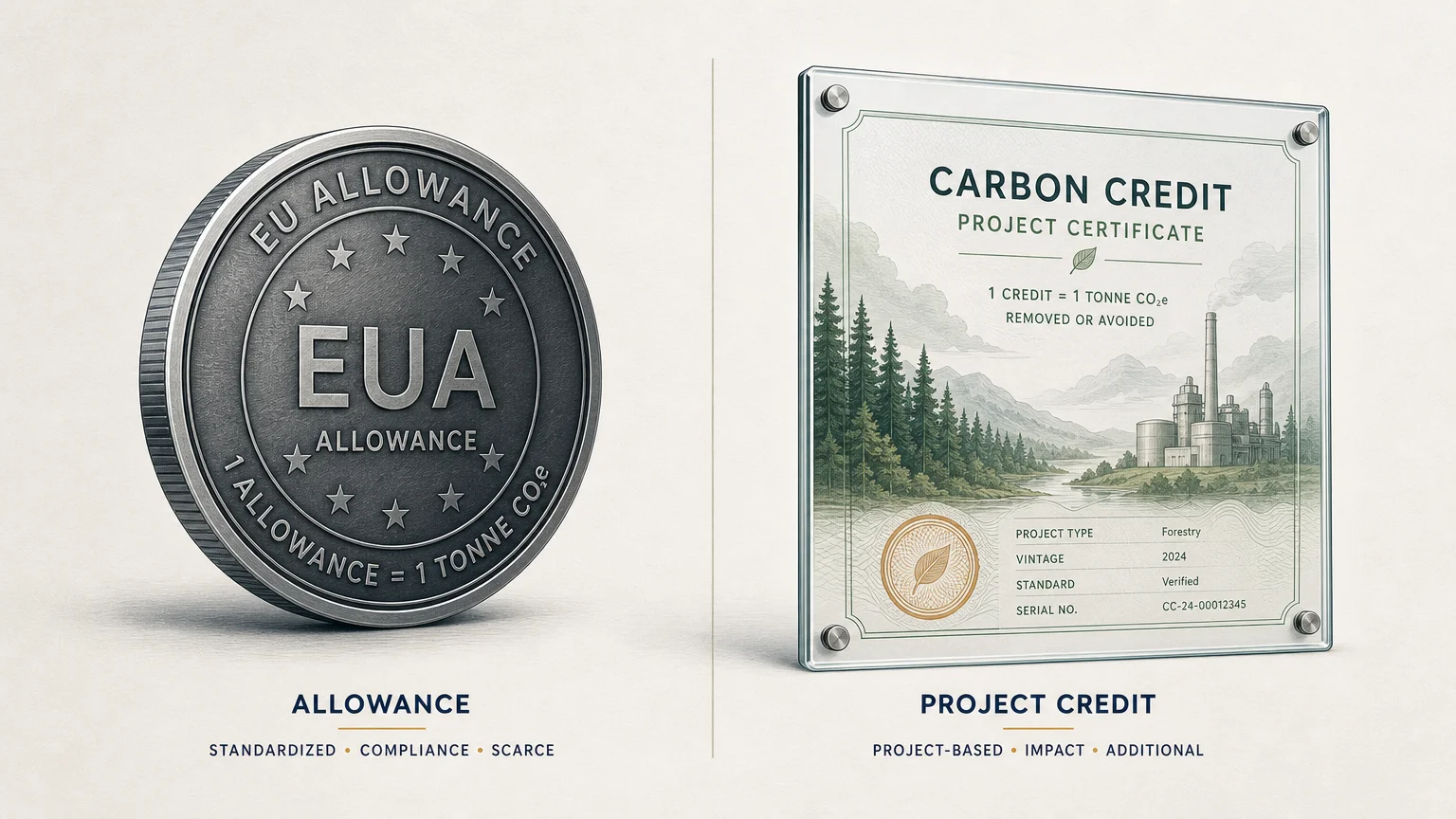 Editorial illustration comparing standardized carbon allowances with project based carbon credits