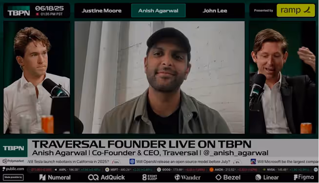 Virtual panel with three men—Justine Moore, Anish Agarwal, and John Lee—discussing as part of Traversal Founder Live on TBPN.