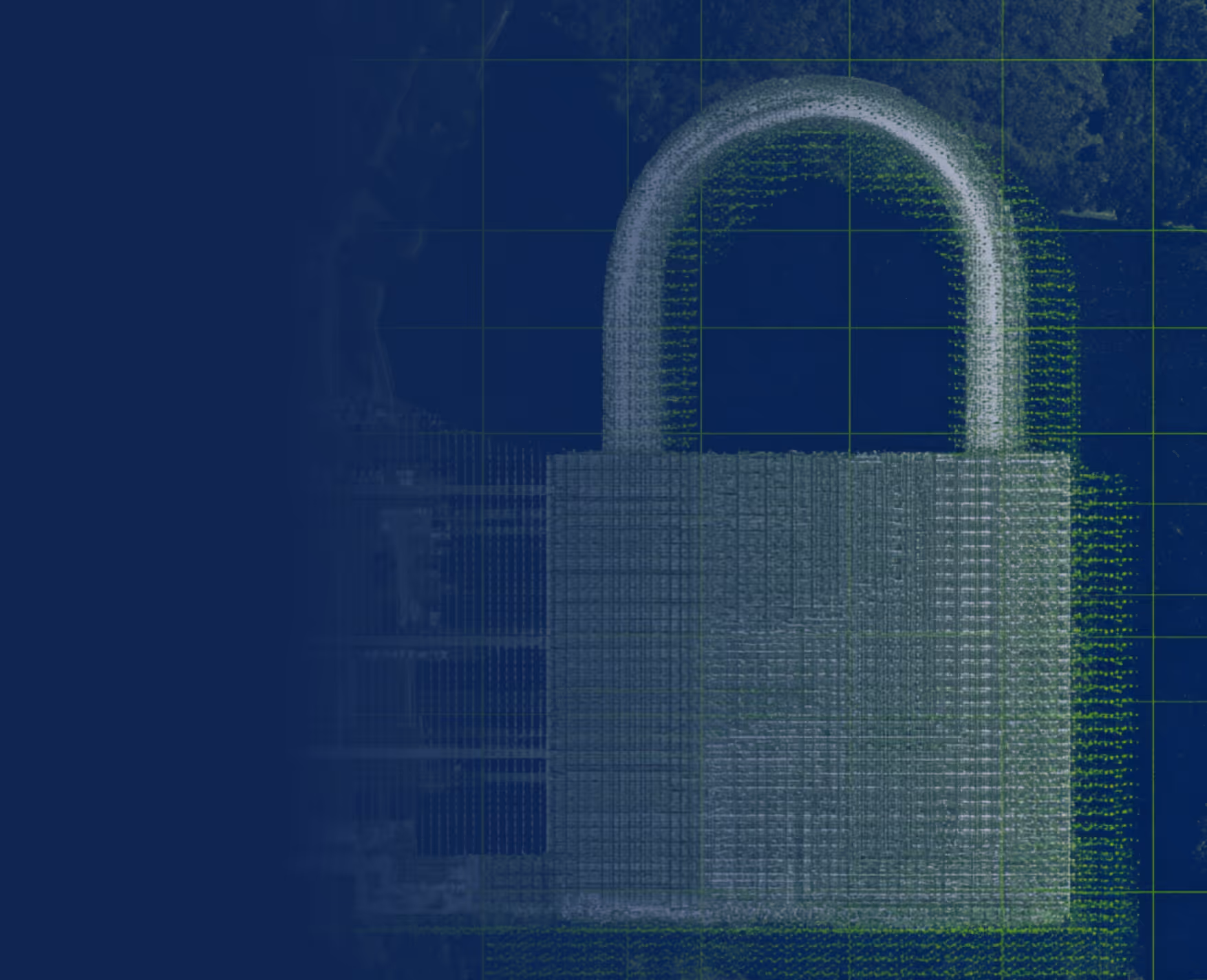 Digital visualization of a padlock symbolizing cybersecurity on a dark blue background with grid lines.