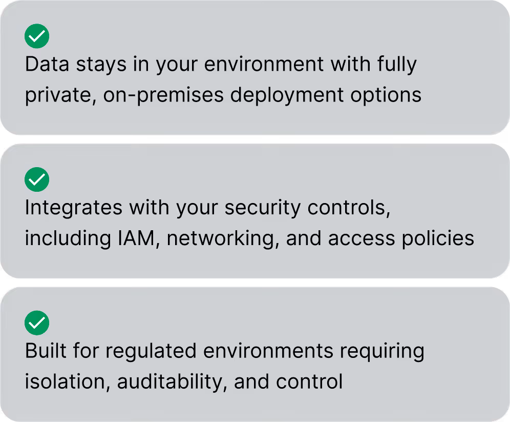 Three gray boxes with green check marks listing benefits: data stays in your environment with private on-premises deployment, integrates with security controls including IAM and networking, built for regulated environments requiring isolation and control.