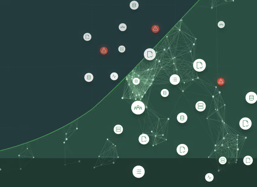 Abstract digital network visualization with interconnected white icons representing data and alerts on a dark green gradient background.
