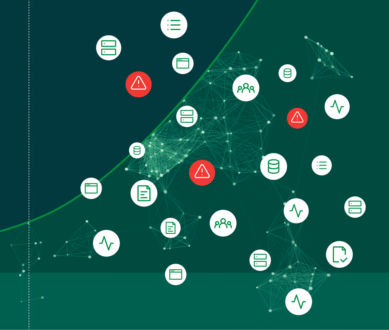 Abstract digital network visualization with interconnected white icons representing data and alerts on a dark green gradient background.