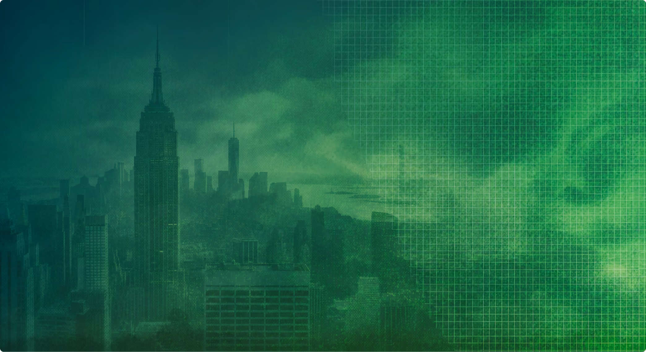 New York skyline with tall buildings under green overlay and grid pattern on the right side.