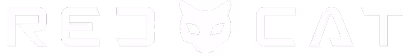 Stylized text logo with the word 'RED CAT' in white block letters and a minimalist cat face icon between the words on a black background.