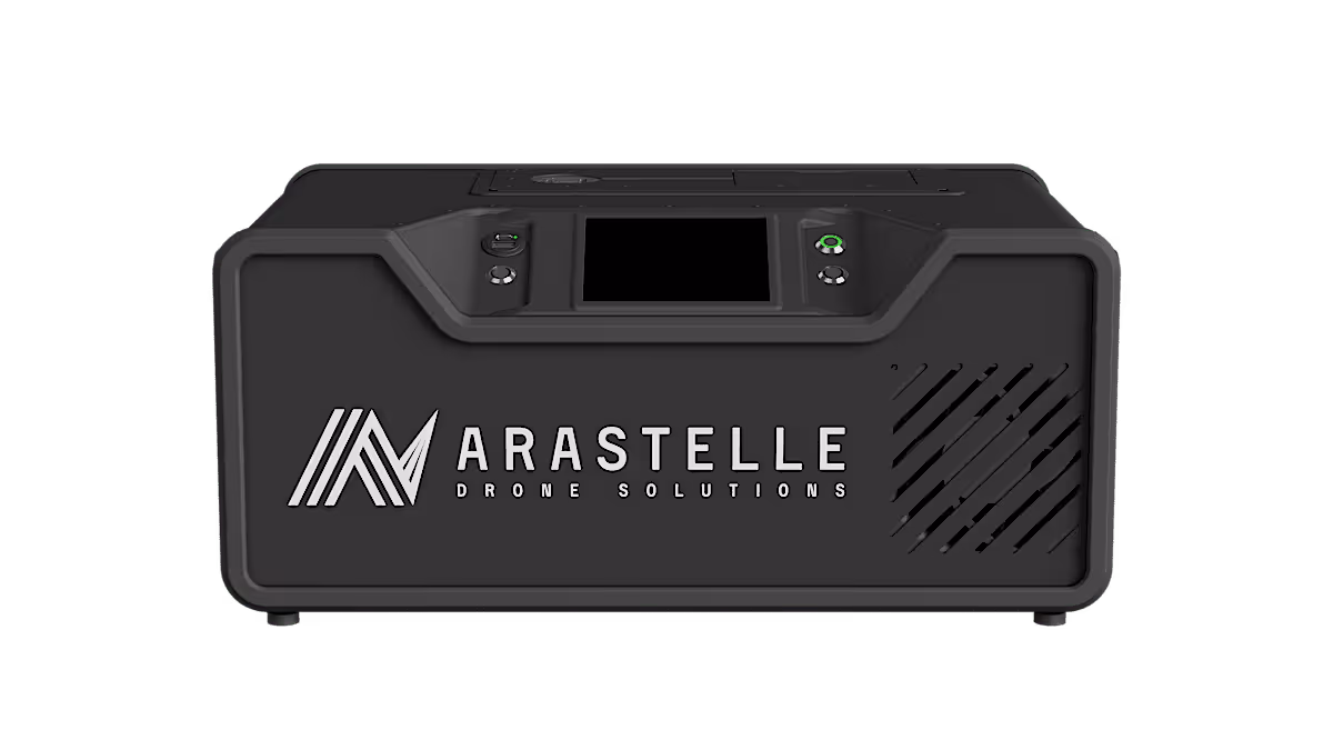 Black rectangular device with a touchscreen, buttons, and the logo 'Arastelle Drone Solutions' on the front panel.