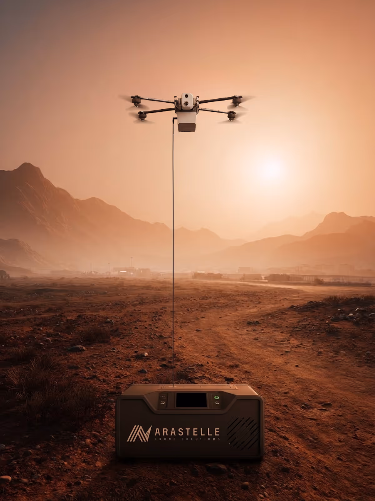 A drone suspending a cable above a black box labeled 'ARASTELLE' in a foggy, fenced industrial area with mountains in the background.
