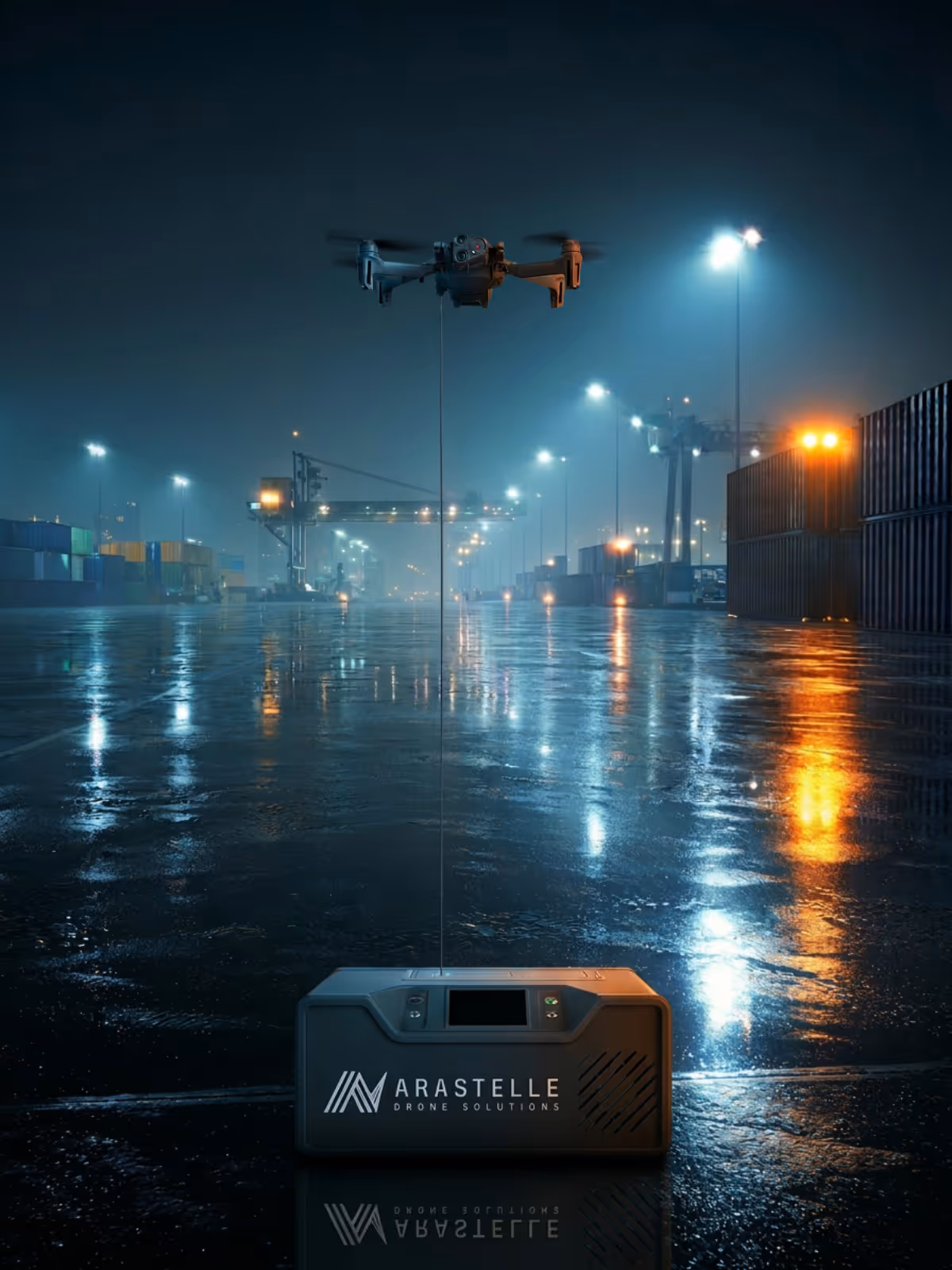 Drone hovering above a ground device labeled 'Arastelle' in a dimly lit industrial area at night.
