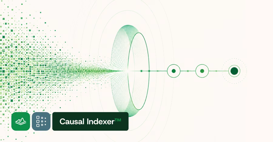 Diagram showing Traversal's Causal Indexer compressing raw telemetry at 1000x into causal dependencies for agentic incident root cause analysis without token cost scaling