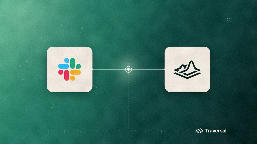 Slack and Traversal logos joined by one line, with a highlighted root-cause node between them.