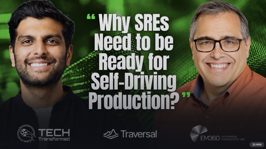 Tech Transformed podcast cover for the episode “What Is Self-Driving Production?” featuring Traversal CEO Anish Agarwal and EMA President Dan Twing