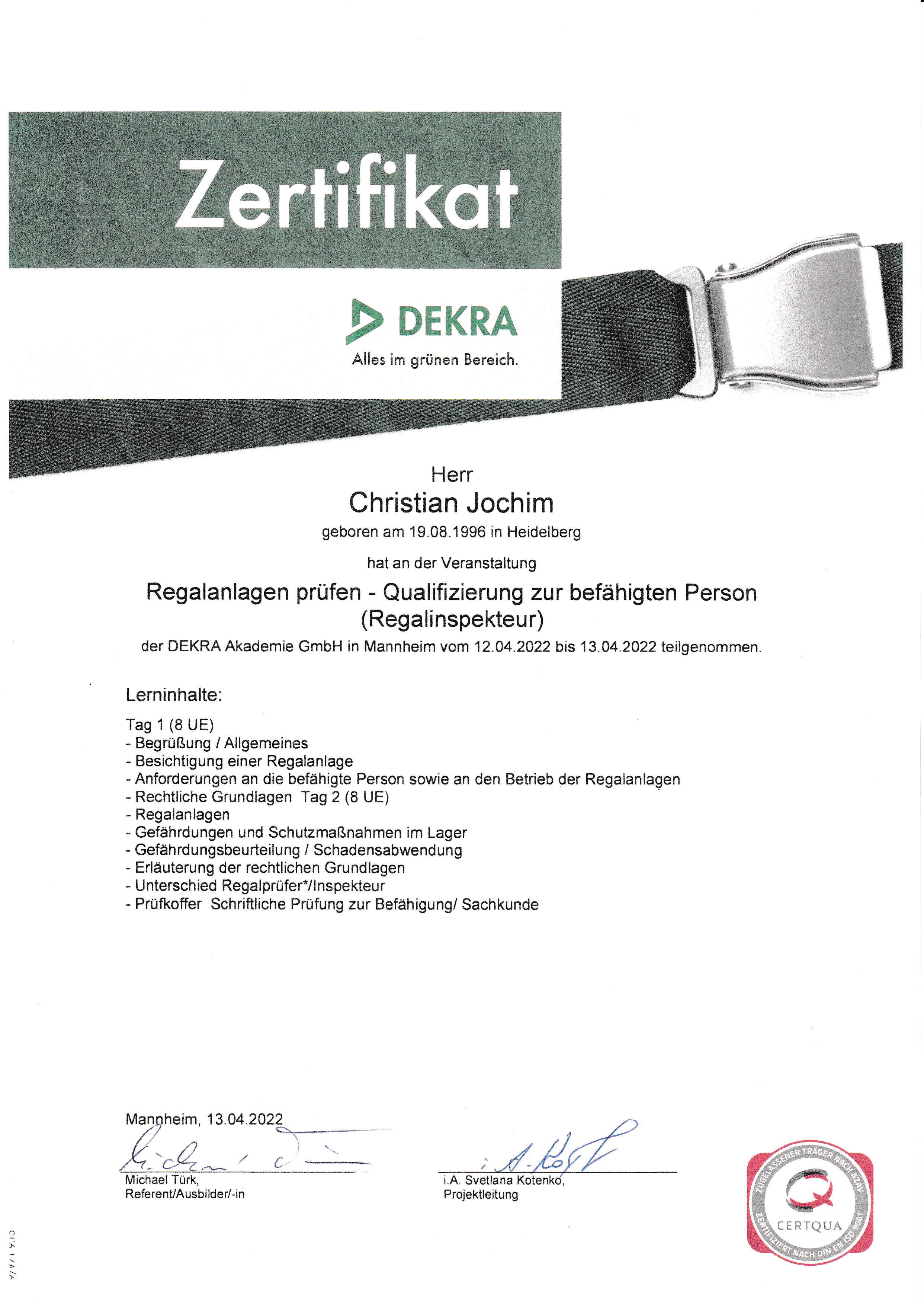 Regalinspekteur Zertifikat