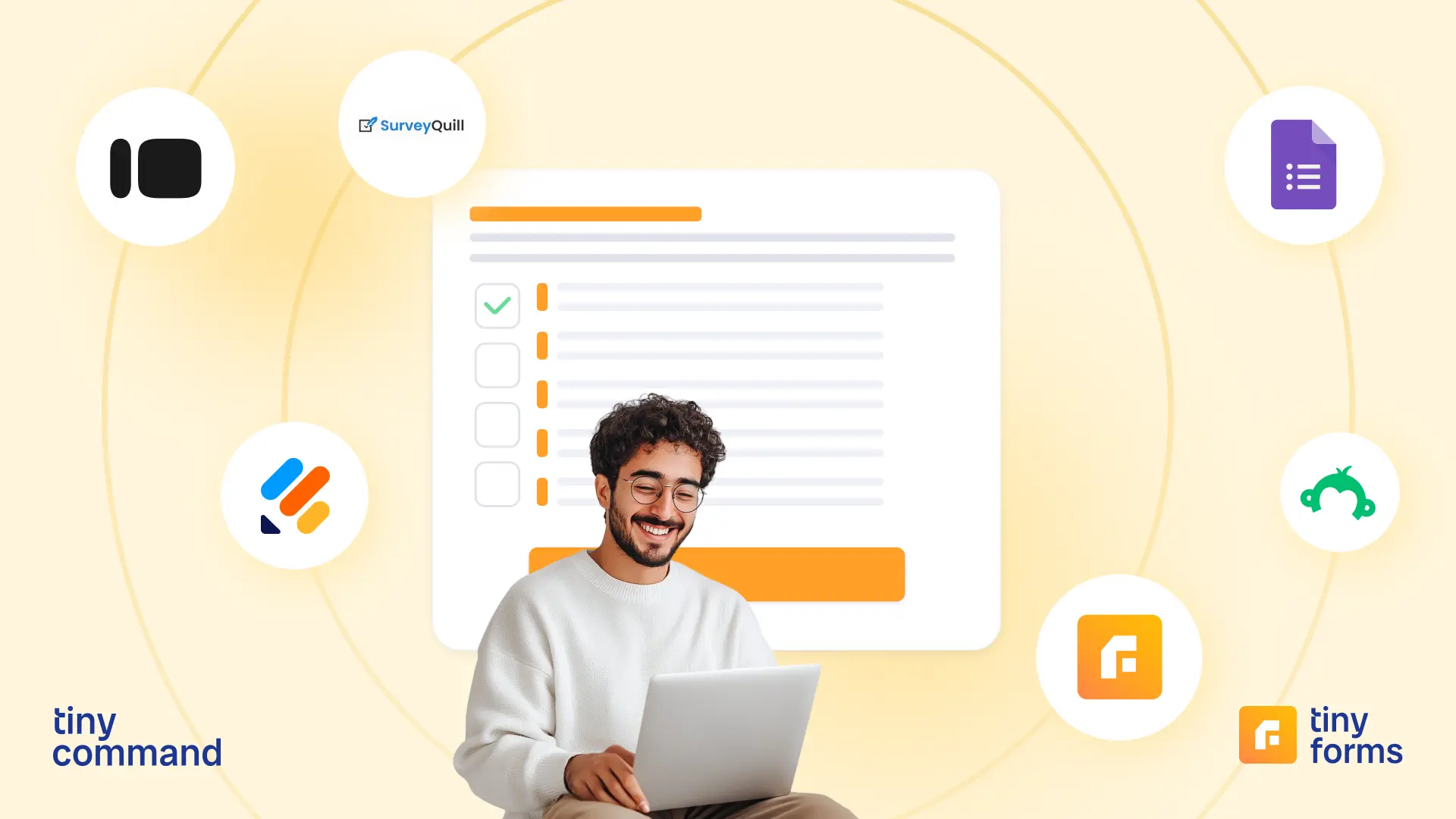 Automate your work at tinycommand.com - Person using TinyForms survey builder compared with Typeform, Jotform, SurveyMonkey, Google Forms, and SurveyQuill