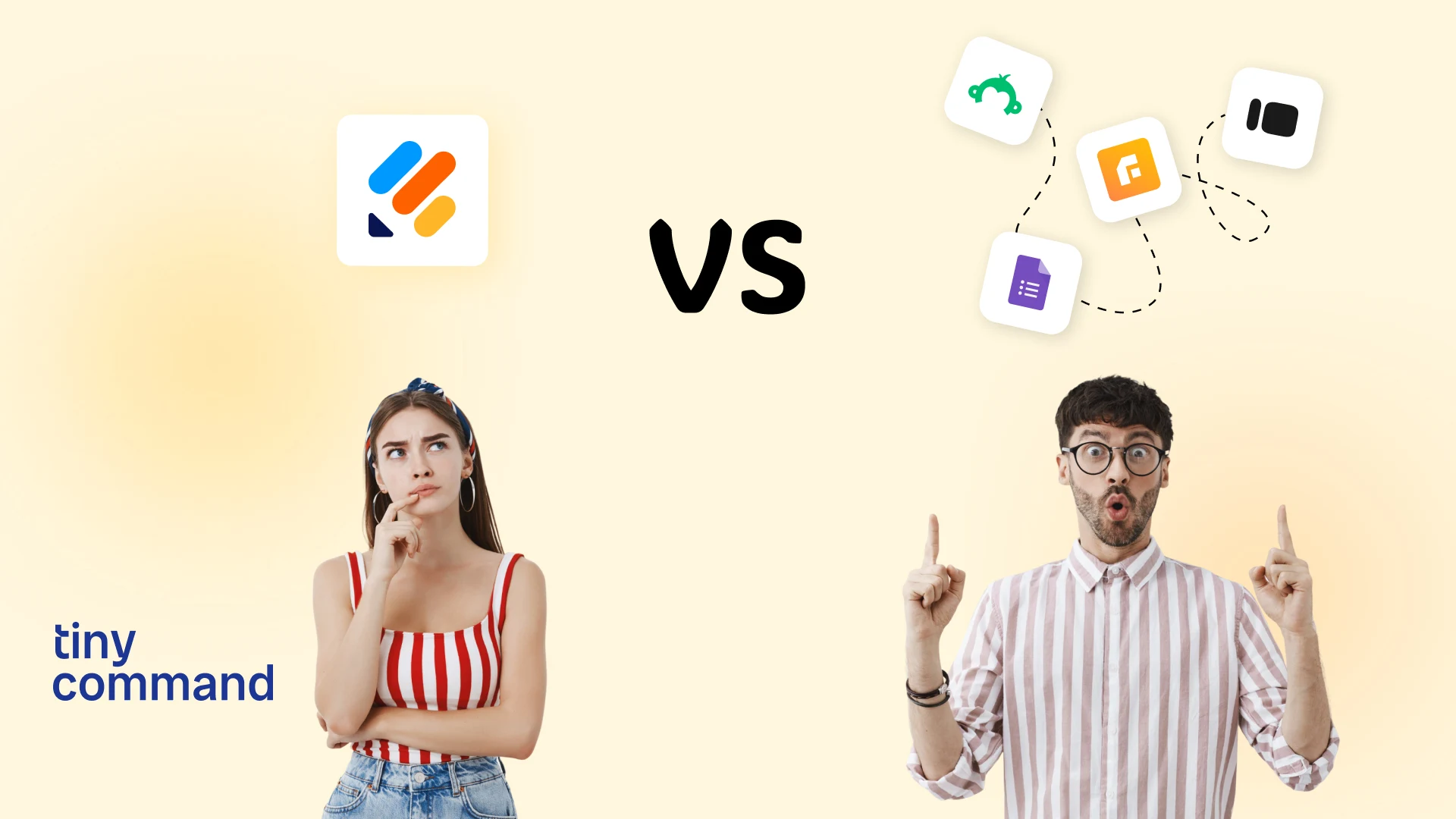 TinyCommand vs Jotform and other form builder tools comparison illustration with confused woman and surprised man